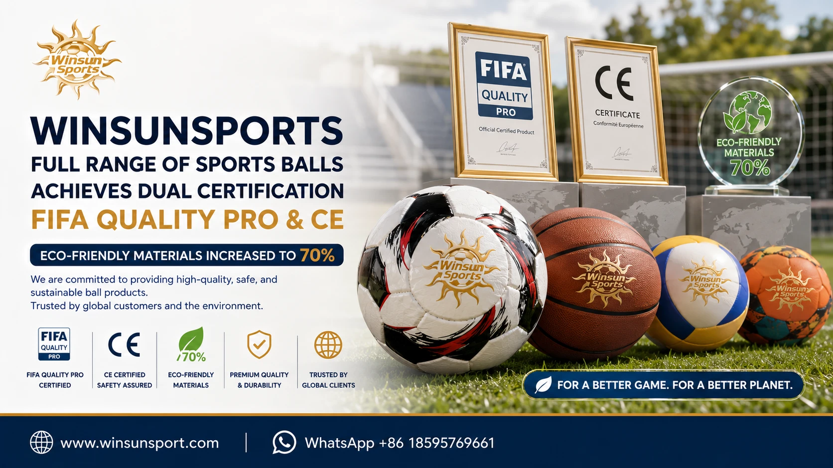 WINSUNSPORTS全系球类产品获FIFA Quality Pro与CE双认证，环保材料占比提升至70%