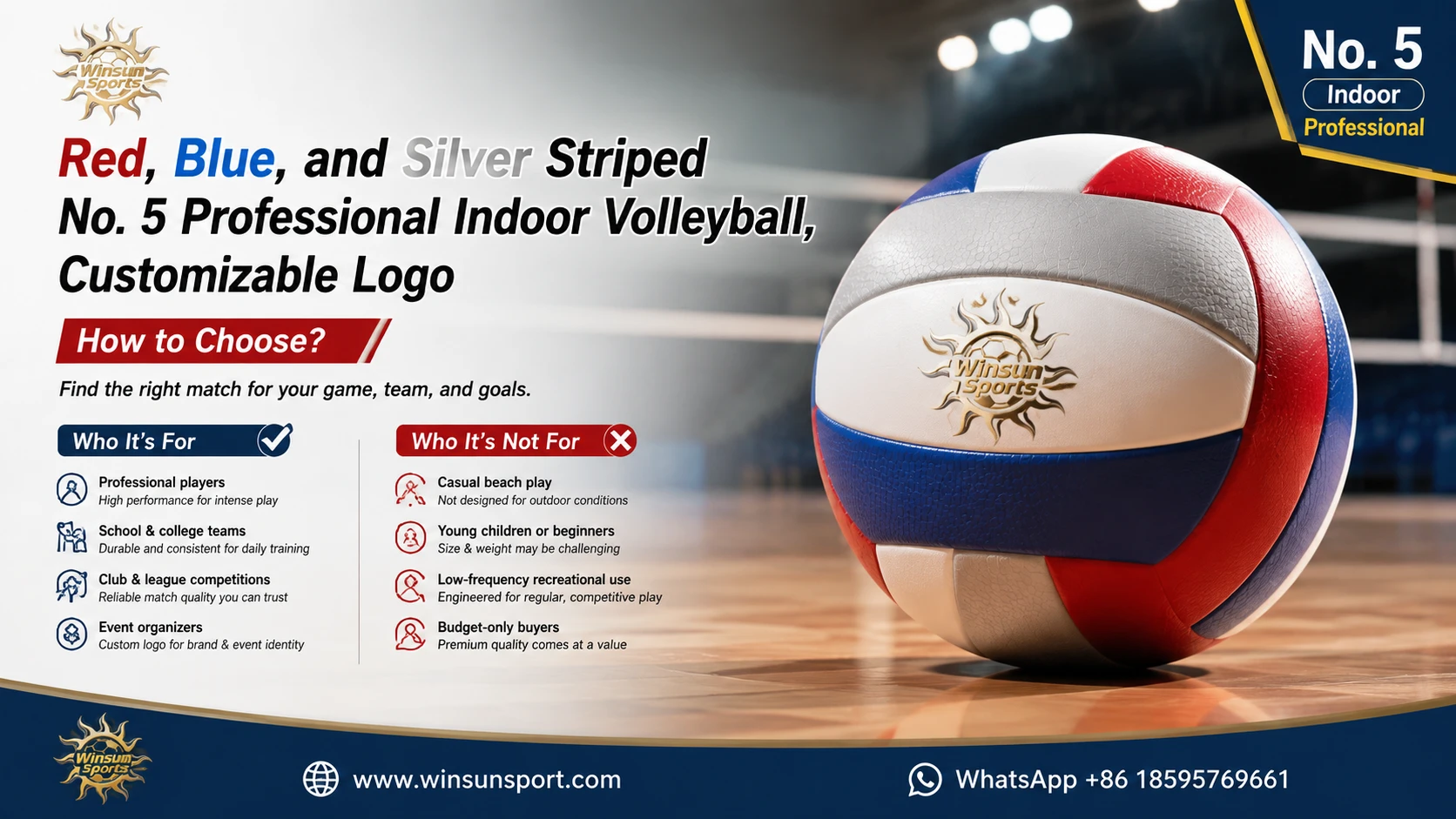 Red, blue, and silver striped No. 5 professional indoor volleyball, customizable logo - how to choose? Who is it suitable for, and who is it not suitable for?