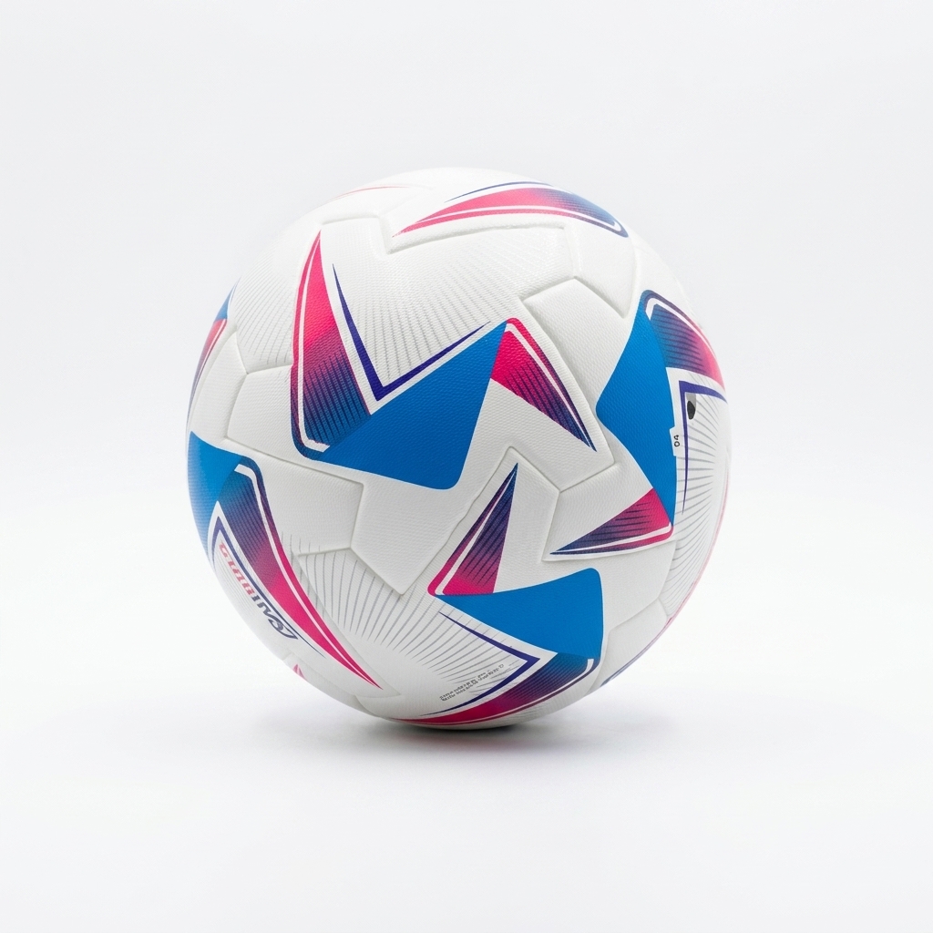 White base with red and blue gradient pentagon heat-bonded No. 5 soccer ball, logo customizable