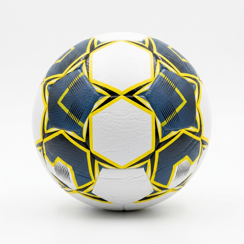 White, navy, and yellow striped geometric heat-bonded Size 5 soccer ball, customizable logo