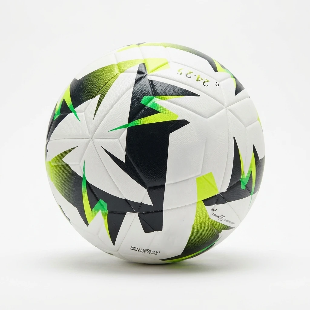 White base, black and neon green heat-bonded No. 5 soccer ball, customizable logo