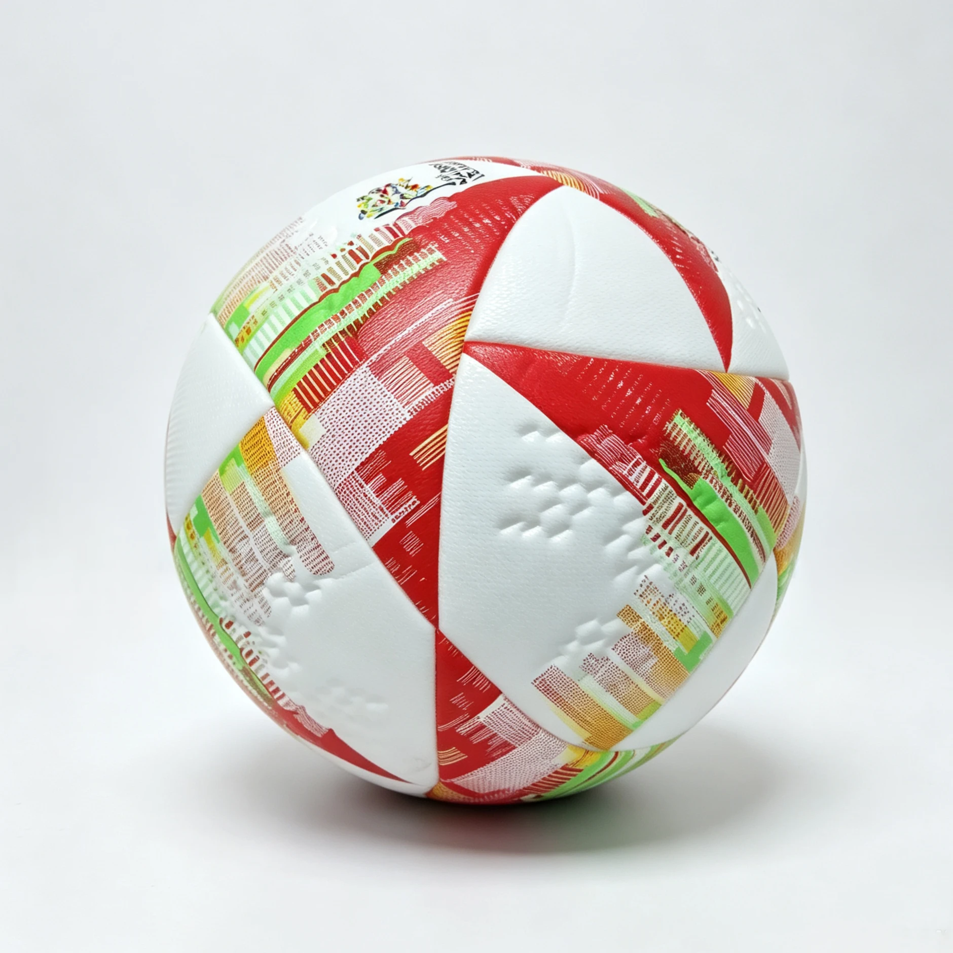 Custom soccer ball with red and white stripes and raised textured grip, heat-bonded